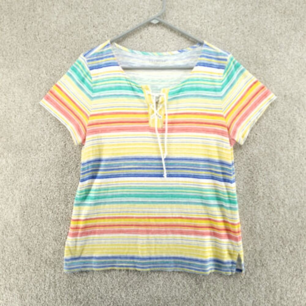 Talbots Womens Top Multicolor Petite LP Henley Neck Short Sleeve Knit Striped